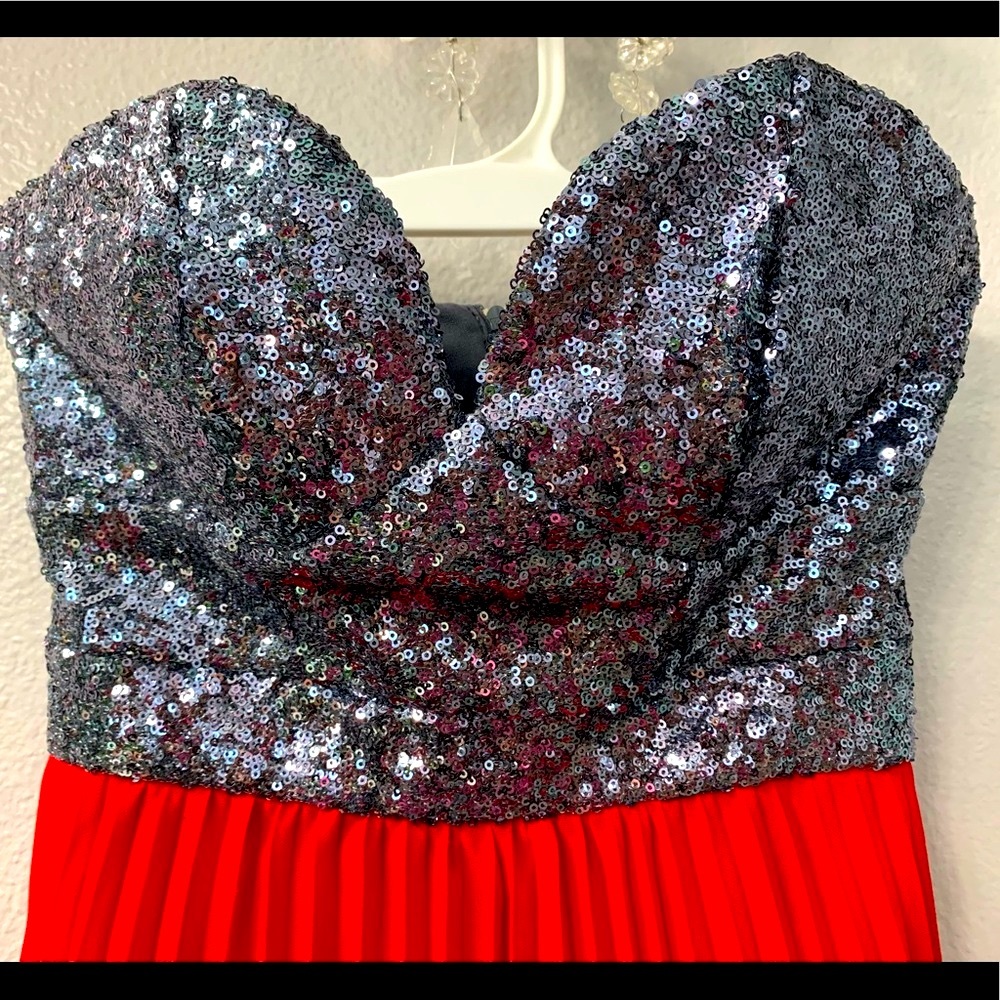 Red & silver strapless sequin pleated mini dress. - Picture 2 of 3